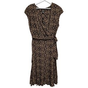 Glamour Faux Wrap Dress Womens 14W Black Gold Scroll Print Midi Cap Sleeve New